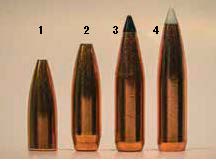 Bullet length is critical in stabilizing a bullet, especially in the 250-3000 with its usual 1:14 twist: (1) 75-grain Sierra HP, (2) 90-grain Sierra HP, (3) 100 Swift Scirocco and (4) 110 Nosler AccuBond. In a 99E, only the two hollowpoints could be stabilized, and only the 90-grain would be suitable for deer.